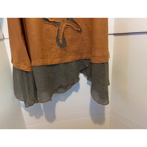 Peacock Ways Linen Blend Tunic Dress Orange Boho Artsy Asymmetrical Hem Embroide - Picture 10 of 14